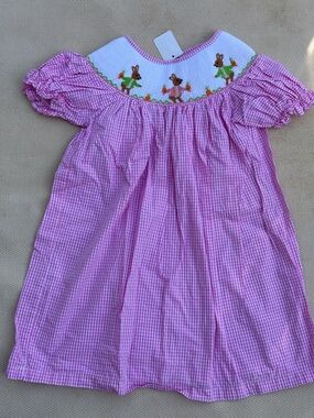 Pink Gingham Smocked Kids Dress with Bunny Embroidery